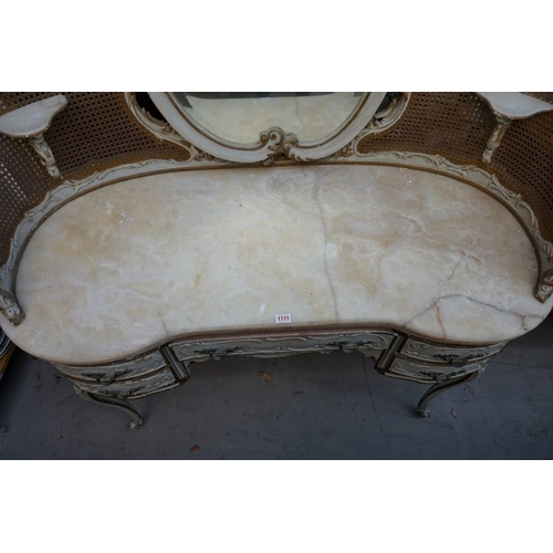 1111 - A Louis XV style grey painted and parcel gilt mirror back dressing table, with marble top and cane d... 