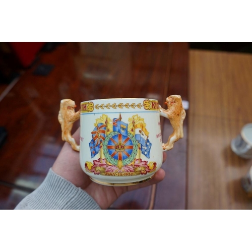 1120 - A small group of pottery and porcelain, to include: Paragon royal commemorative loving cups; and Hal... 