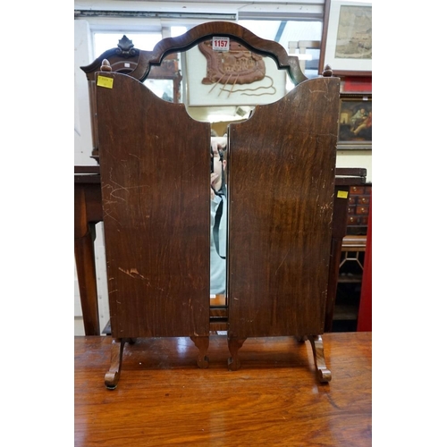 1157 - A 1930s walnut triptych mirror, 68.5cm wide; together with another similar easel back example, 58.5c... 