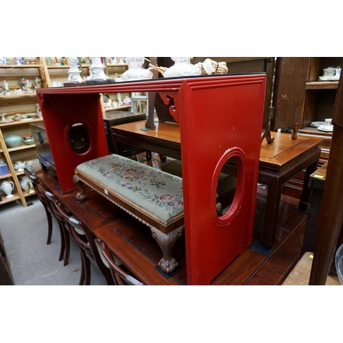 1163 - A Chinese red lacquered alter type table, 72 cm high x 127cm wide. 