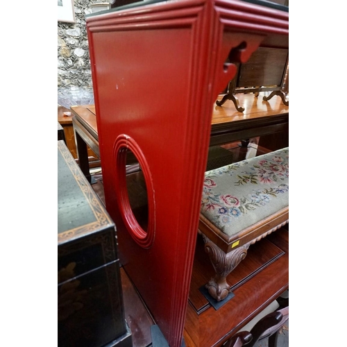 1163 - A Chinese red lacquered alter type table, 72 cm high x 127cm wide. 