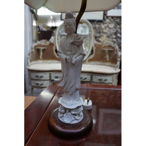 1164 - A pair of Chinese blanc de chine Guanyin figural table lamps, the figures 31.5cm high.... 