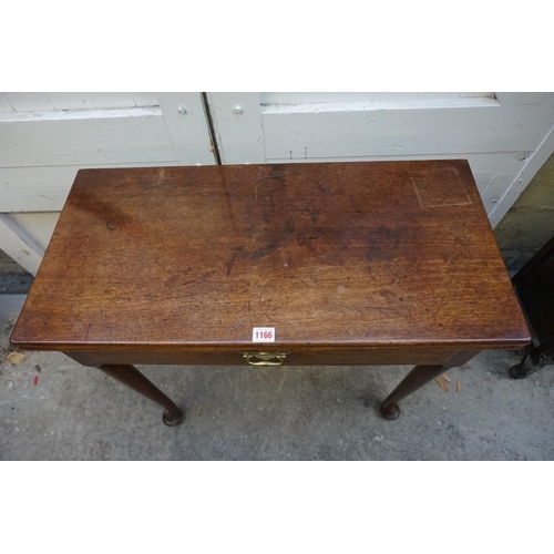 1166 - An 18th century mahogany rectangular tea table, with frieze drawer, 76cm wide.