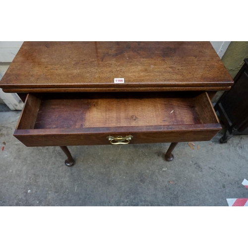 1166 - An 18th century mahogany rectangular tea table, with frieze drawer, 76cm wide.