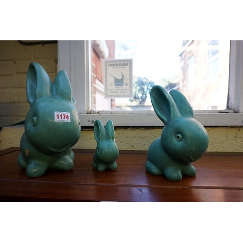 1174 - A graduated set of three Denby rabbits, largest 27cm high, (glaze flake to largest).... 