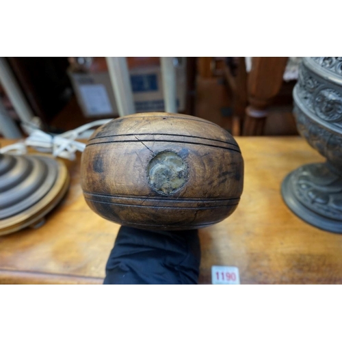 1175 - A small group of treen, comprising: a small propeller 76cm long; an olive wood sand timer, 19.5cm hi... 