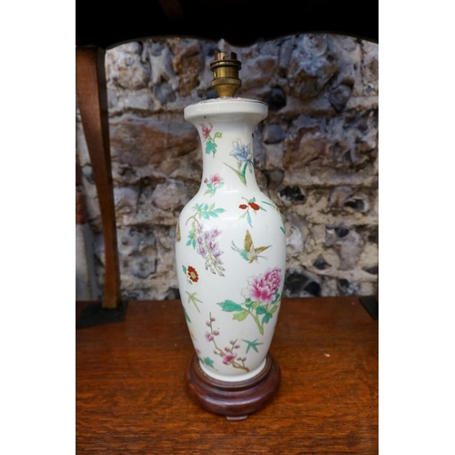 1186 - A pair of modern Chinese famille rose vase form table lamps, total height 39.5cm. ... 