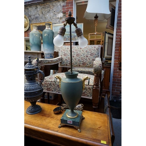 1191 - A green painted metal and parcel gilt table lamp, on marble base, total height 71cm.  ... 