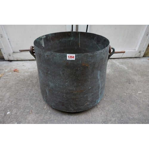 1204 - A large copper cauldron, with swing handle, 39cm diameter.