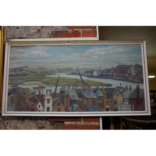 1205 - V James, 'Chatham Reach', monogramed, exhibition label verso, oil on canvas board, 45 x 90.5cm.... 