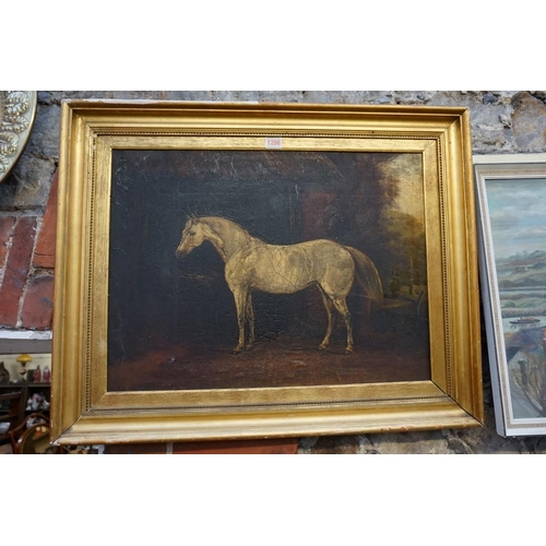 1206 - English School, late 19th century, a grey horse by a stable, oil on canvas, 44 x 59cm.... 