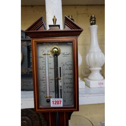 1207 - A reproduction mahogany and line inlaid stick barometer, the silvered dial inscribed 'Russell, Norwi... 