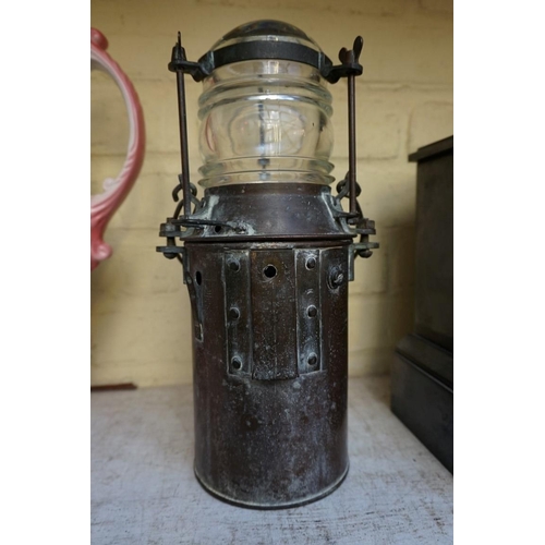 1212 - An unusual patinated brass ship's lantern, bearing plaque inscribed 'H A Johannesen Maker, Grimsby',... 