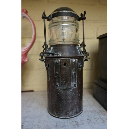 1212 - An unusual patinated brass ship's lantern, bearing plaque inscribed 'H A Johannesen Maker, Grimsby',... 