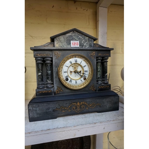 1213 - An Ansonia slate and marble architectural mantel clock, 32cm high.