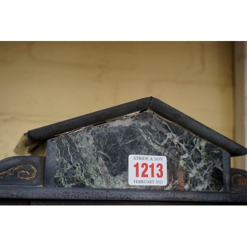 1213 - An Ansonia slate and marble architectural mantel clock, 32cm high.