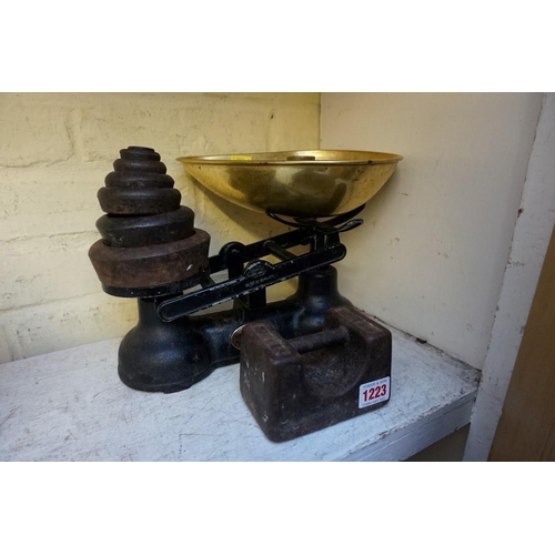 1223 - A set of Salter kitchen scales, with various weights.