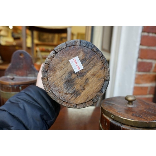 1235 - Four old brass bound coopered oak vessels, largest 25cm high; together with an oak cutlery tray, 34.... 