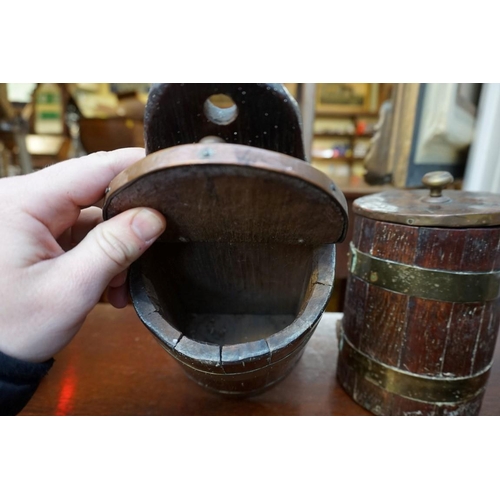 1235 - Four old brass bound coopered oak vessels, largest 25cm high; together with an oak cutlery tray, 34.... 