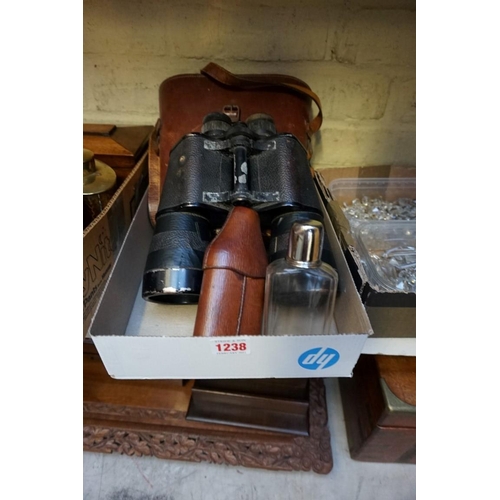 1238 - A vintage pair of Krombach 'Porrolux' 10x60 binoculars; together with a leather cased glass hip flas... 