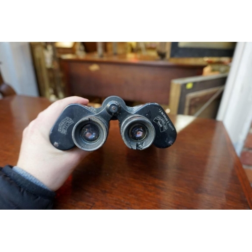 1238 - A vintage pair of Krombach 'Porrolux' 10x60 binoculars; together with a leather cased glass hip flas... 