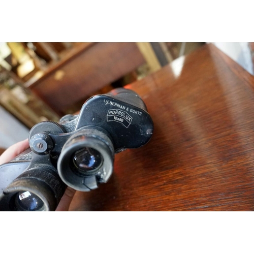 1238 - A vintage pair of Krombach 'Porrolux' 10x60 binoculars; together with a leather cased glass hip flas... 