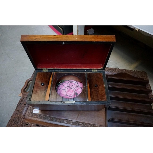 1244 - An Eastern carved walnut twin handled tray, 61cm wide; together with an 19th century rosewood s... 