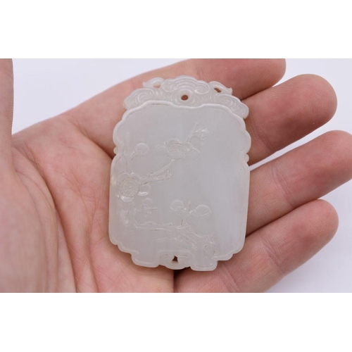 1251 - A Chinese carved pale celadon jade pendant, probably Qing, decorated in shallow relief with flowerin... 