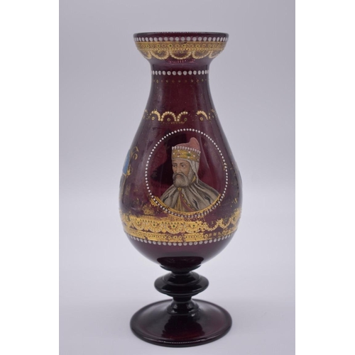 1252 - An interesting 19th century Venetian amethyst glass pedestal vase, enamelled with the portraits of D... 