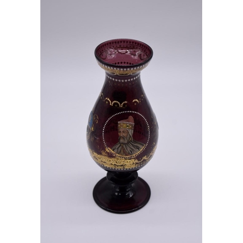 1252 - An interesting 19th century Venetian amethyst glass pedestal vase, enamelled with the portraits of D... 