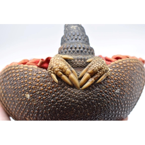 1253 - Taxidermy: a novelty armadillo basket, with red silk lining, 18.5cm wide.