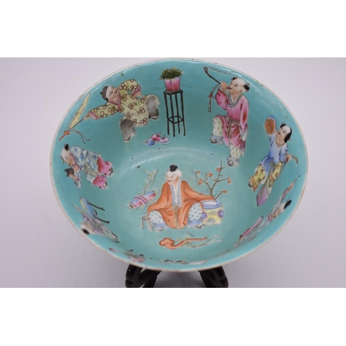 1258 - A Chinese turquoise ground famille rose 'boys' bowl, Qianlong seal mark, 20.5cm diameter, on associa... 