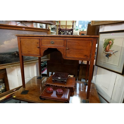 1272 - An antique mahogany and line inlaid kneehole side table, 90.5cm wide.