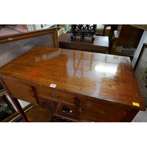 1272 - An antique mahogany and line inlaid kneehole side table, 90.5cm wide.