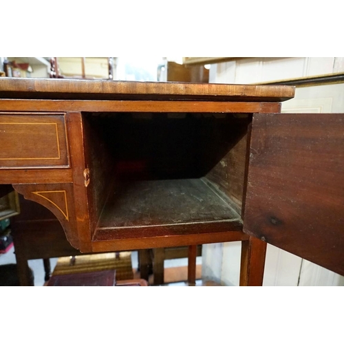 1272 - An antique mahogany and line inlaid kneehole side table, 90.5cm wide.