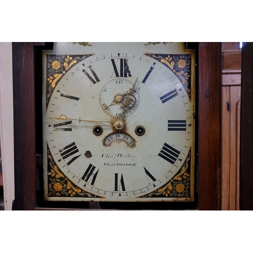 1285 - A George III oak and inlaid eight day longcase clock, the 12in arched painted dial indistinctly insc... 