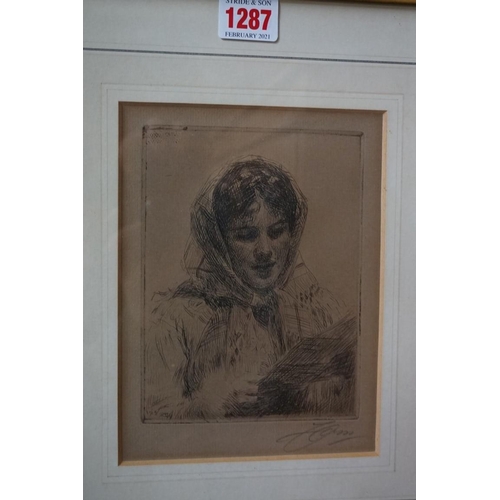 1287 - Anders Zorn, girl reading, signed in pencil, etching, pl.16 x 12cm.