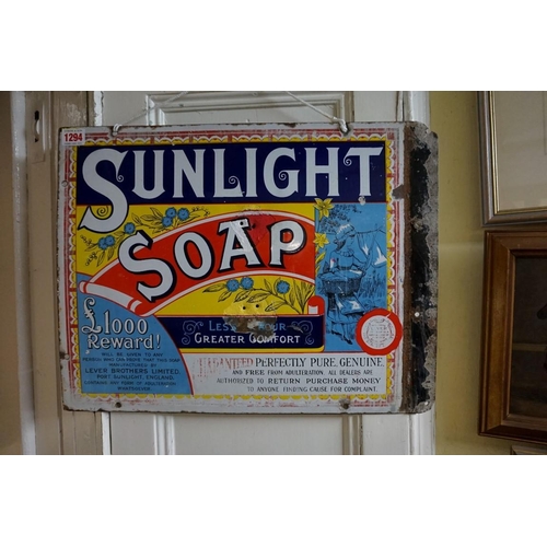 1294 - A vintage 'Sunlight Soap' enamel sign, 38 x 49.5cm, (a.f.).