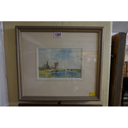 1297 - J H van Mastenbroeck, Dutch canal scene with windmill, signed, watercolour, 12.5 x 18cm.... 