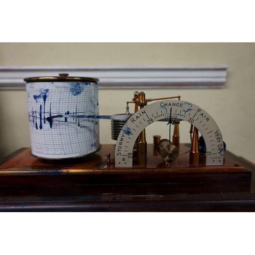 1305 - A Negretti & Zambra mahogany combined barograph and barometer, with brass plaque inscribed 'To N... 