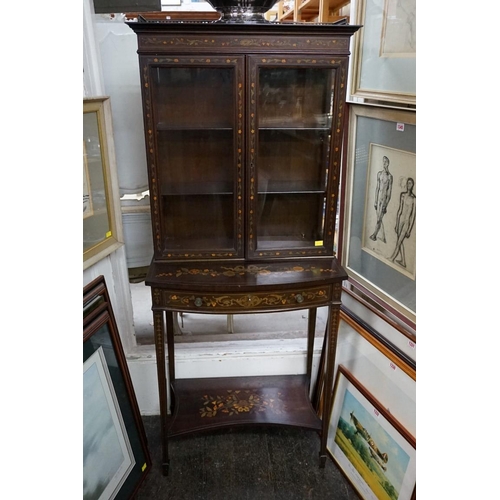 1323 - An Edwardian mahogany and inlaid small display cabinet, with bowfront drawer, 151cm high x 63.5cm wi... 