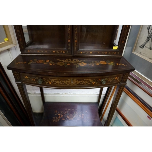 1323 - An Edwardian mahogany and inlaid small display cabinet, with bowfront drawer, 151cm high x 63.5cm wi... 