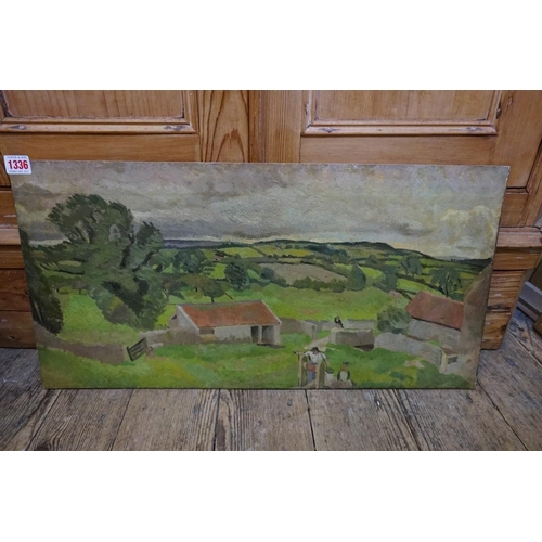 1336 - Barnett Freedman, a farmstead with a lady at a well, unsigned, oil onpaper laid on board, 32 x 63cm,... 