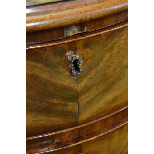 1458 - A good George III figured mahogany serpentine fronted chest of drawers, the frieze drawer with a bru... 