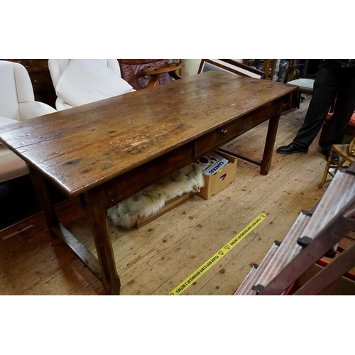 1463 - A 19th century French chestnut and oak farmhouse table, with a lateral drawer and another drawer to ... 