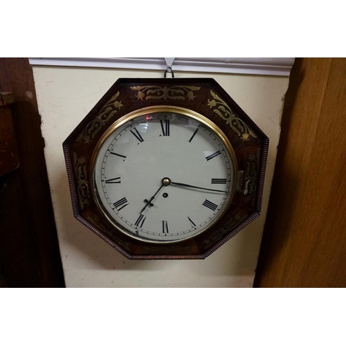 1472 - A Regency rosewood and brass inlaid octagonal wall clock, with 10in painted circular dial and single... 