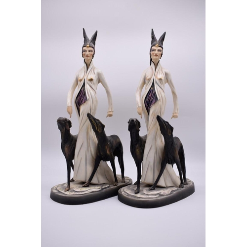 1473 - Two Michael Sutty porcelain limited edition figures of a lady with two greyhounds, Nos 108/250 and 1... 