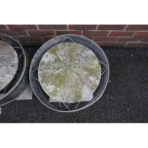 1546 - A pair of galvanized chimney cowls, labelled 'Greenwood Airvac', 48.5cm diameter.