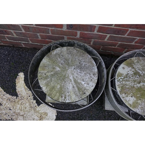 1546 - A pair of galvanized chimney cowls, labelled 'Greenwood Airvac', 48.5cm diameter.