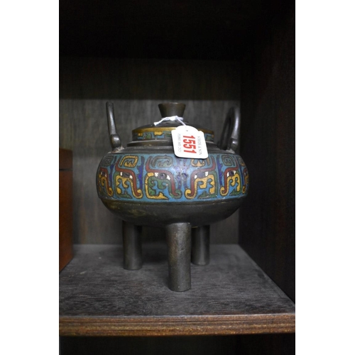 1551 - A Chinese bronze and cloisonne enamel twin handled tripod censer and cover, Qing, 17cm high.... 